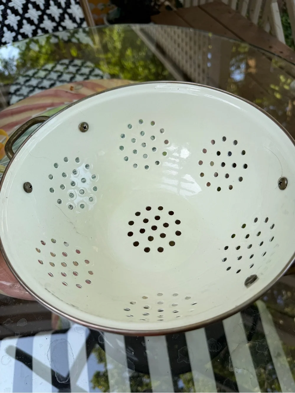 MacKenzie-Childs parchment enamel Cream Checkered Pedestal Colander vintage